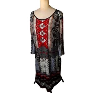Mlle Gabrielle ¾ Sleeve Midi Dress Red Black Gray Yellow Stripes Aztec Design 2X